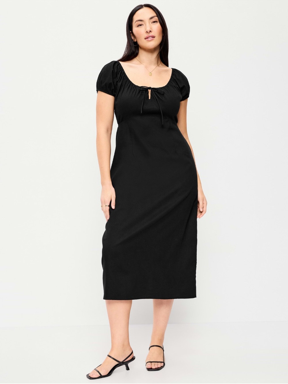 Black Puff-Sleeve Midi Dress with Tie Neck